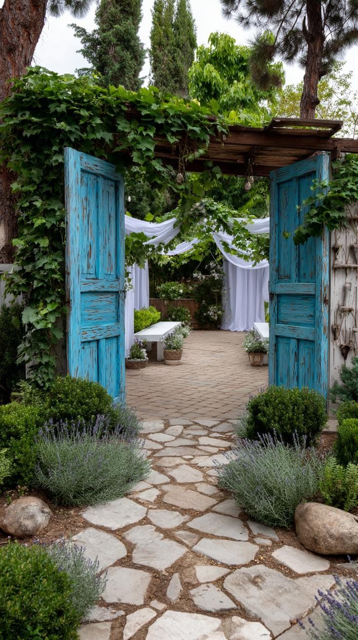 29 Vintage Garden Decor Ideas That Bring Rustic Charm Outdoors 38 9. Repurposed wooden doors as garden backdrops-0