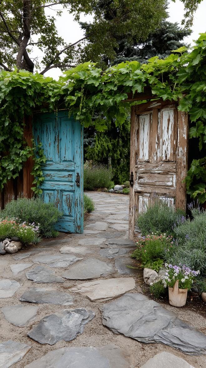 29 Vintage Garden Decor Ideas That Bring Rustic Charm Outdoors 39 9. Repurposed wooden doors as garden backdrops-1