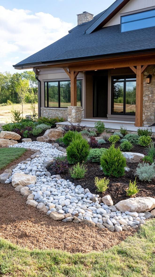 27 Charming Farmhouse Landscaping Ideas for a Beautiful Rustic Yard 31 10. Rock garden with low bushes and rustic edging-0