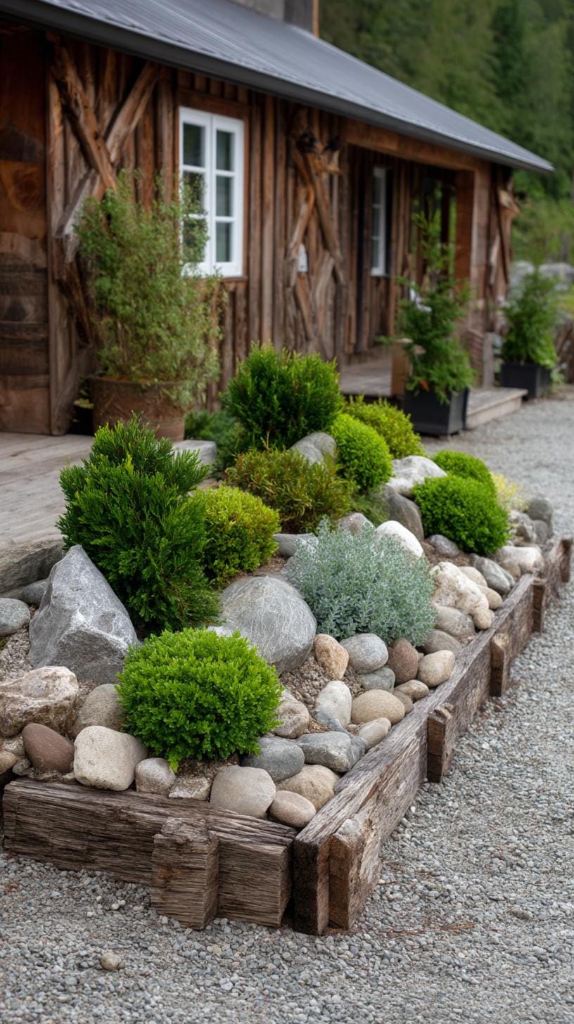 27 Charming Farmhouse Landscaping Ideas for a Beautiful Rustic Yard 32 10. Rock garden with low bushes and rustic edging-1