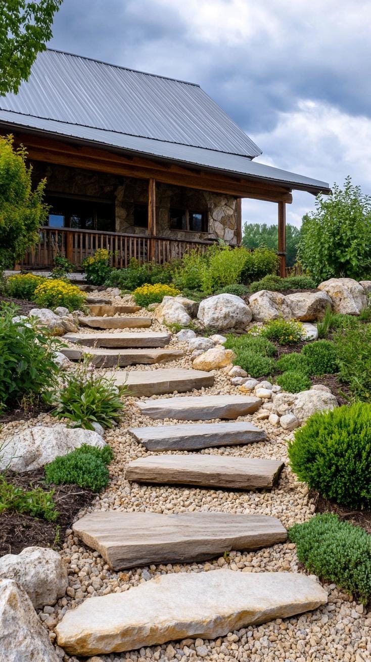 27 Charming Farmhouse Landscaping Ideas for a Beautiful Rustic Yard 33 10. Rock garden with low bushes and rustic edging-2