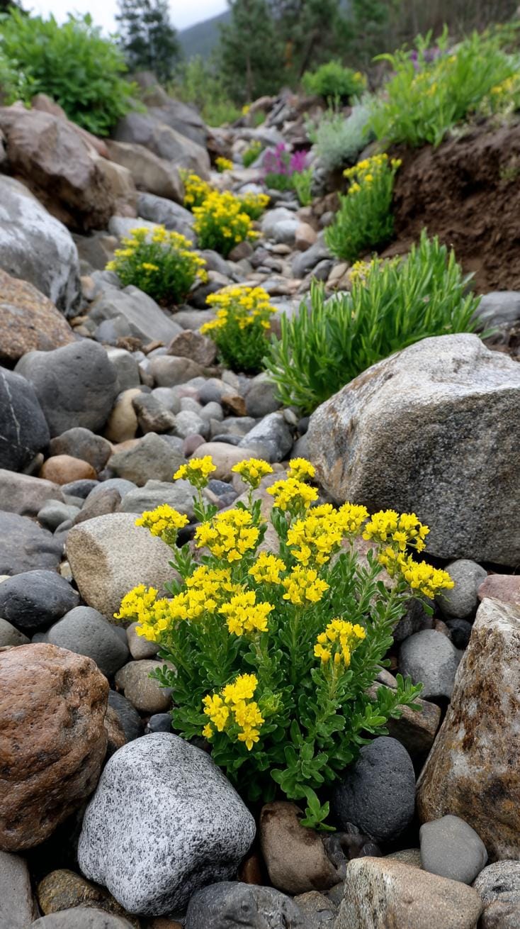 31 Rock Garden Ideas That Transform Any Outdoor Space 117 24. Rocky terrain dotted with yellow perennial blooms-0
