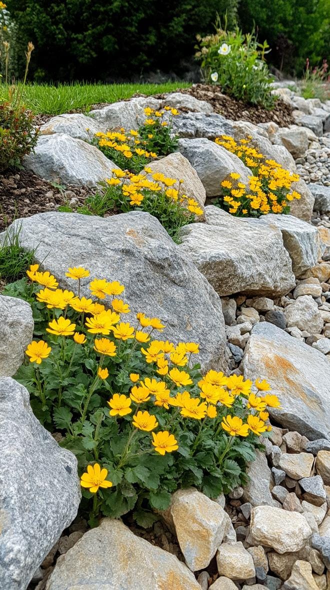 31 Rock Garden Ideas That Transform Any Outdoor Space 120 24. Rocky terrain dotted with yellow perennial blooms-1