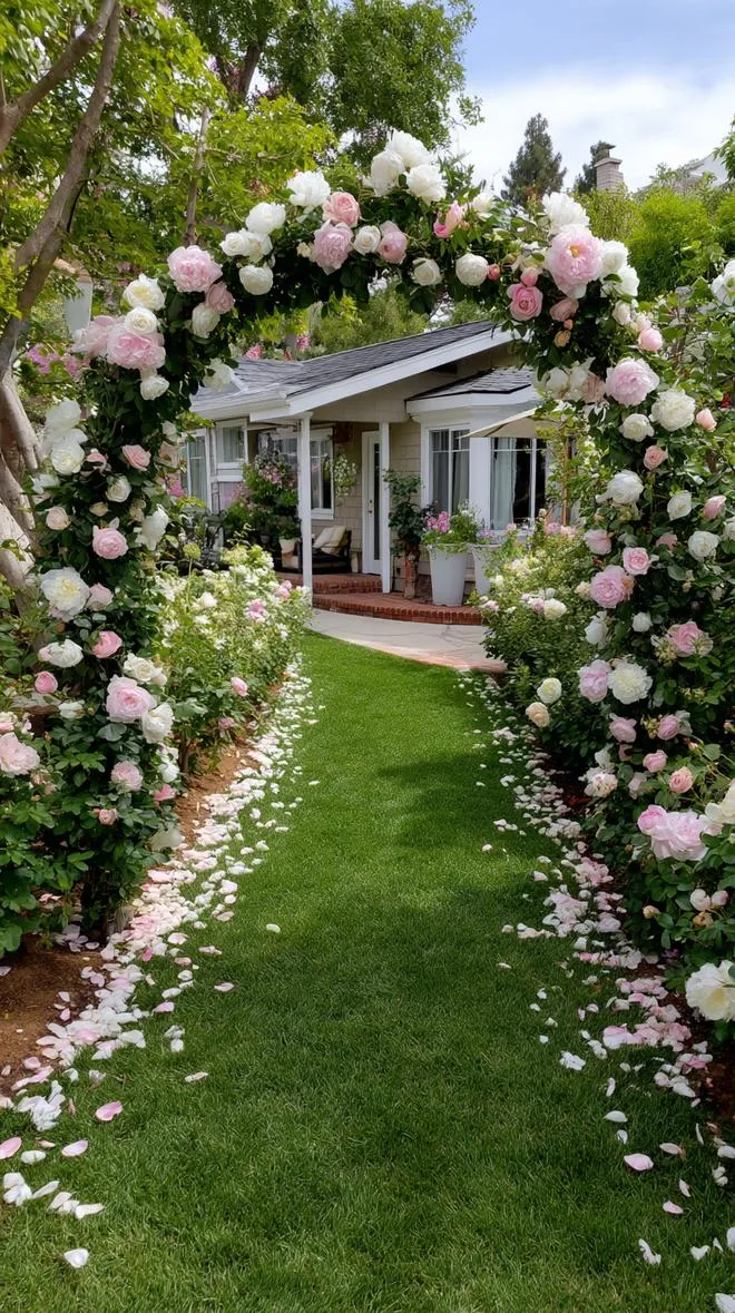 35 Dreamy Cottage Garden Ideas for Timeless Charm 65 28. Romantic floral arch between rosebush hedges-0