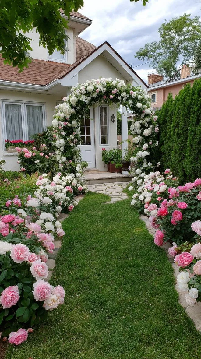 35 Dreamy Cottage Garden Ideas for Timeless Charm 66 28. Romantic floral arch between rosebush hedges-1
