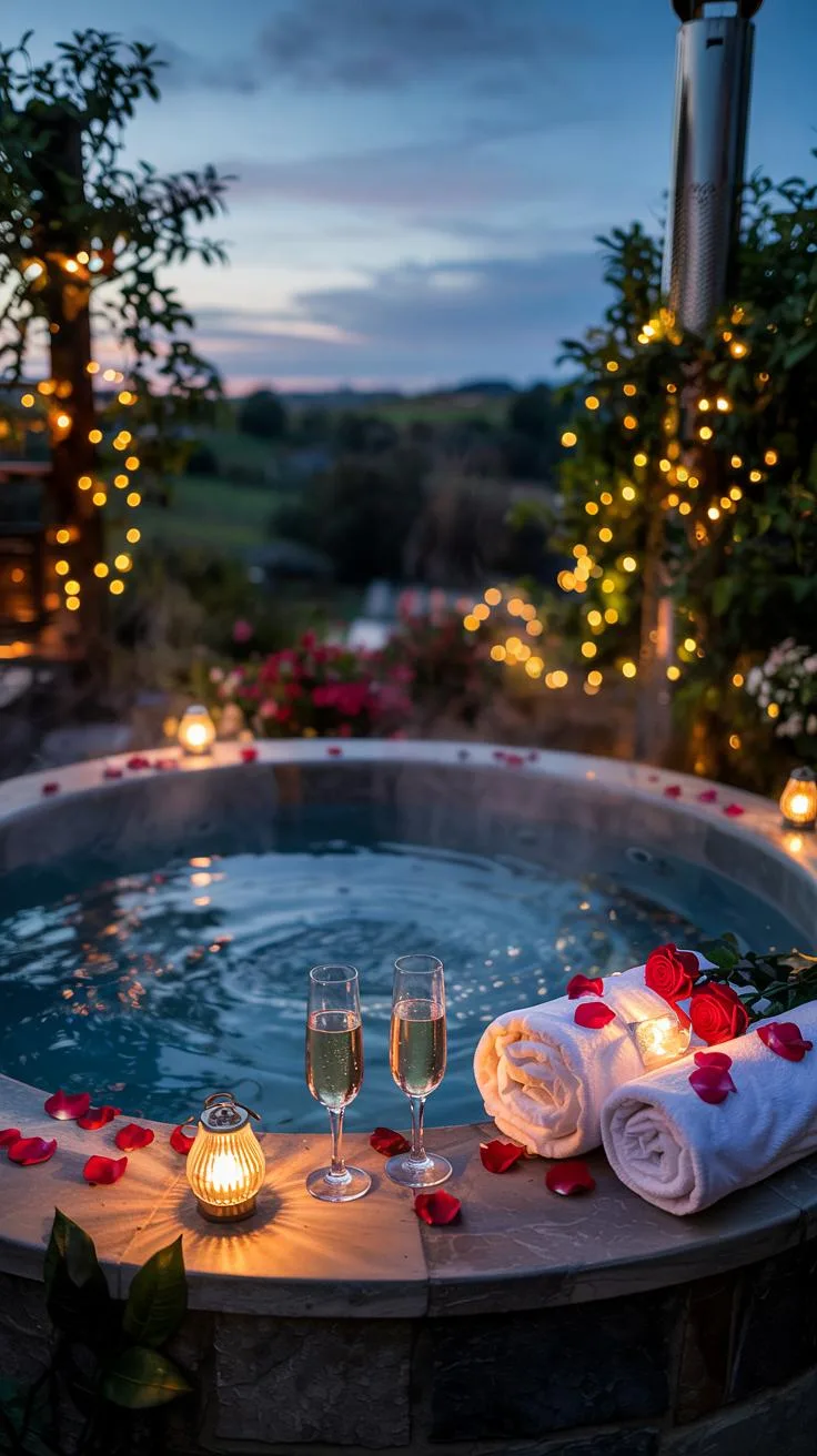 31 Best Hot Tub Ideas for the Ultimate Backyard Escape 111 19. Romantic hot tub setup with rose petals and lights-0
