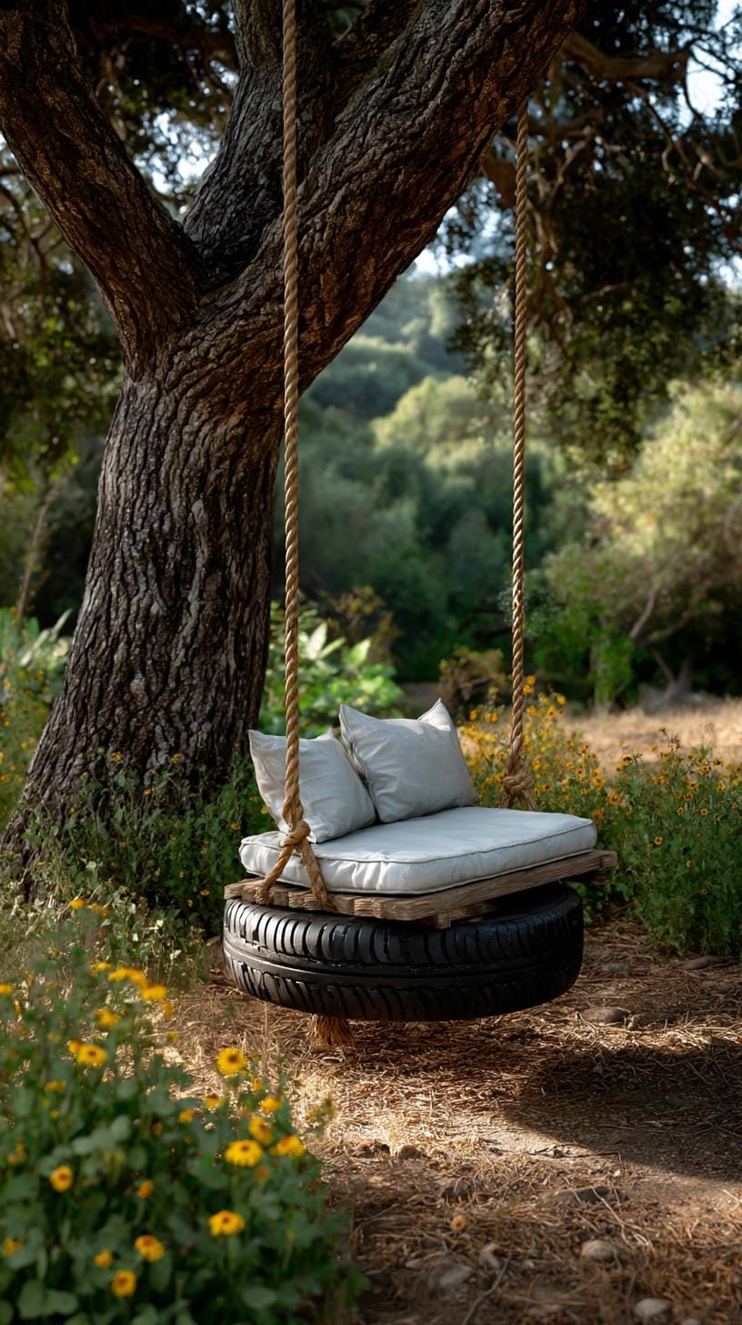 25 Rustic Farmhouse Garden Decor Ideas You Must See 25 12. Rope-wrapped tire swing seat nestled among trees-0