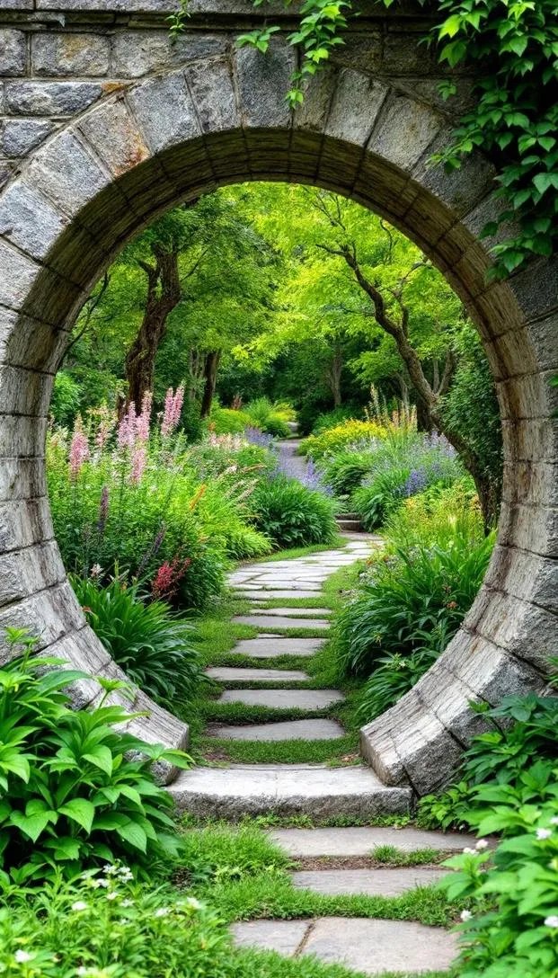 23. Round moon-gate arch along lush garden trail-0