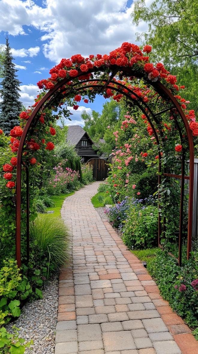 25 Rustic Farmhouse Garden Decor Ideas You Must See 34 18. Rusted iron trellis overgrown with climbing roses-0