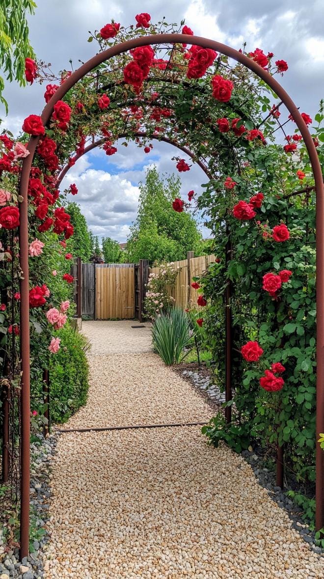 25 Rustic Farmhouse Garden Decor Ideas You Must See 35 18. Rusted iron trellis overgrown with climbing roses-1