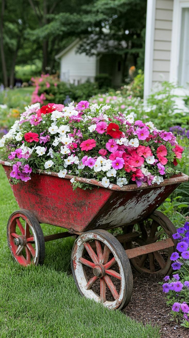 29 Vintage Garden Decor Ideas That Bring Rustic Charm Outdoors 68 16. Rusted wheelbarrow with romantic overflowing blooms-0