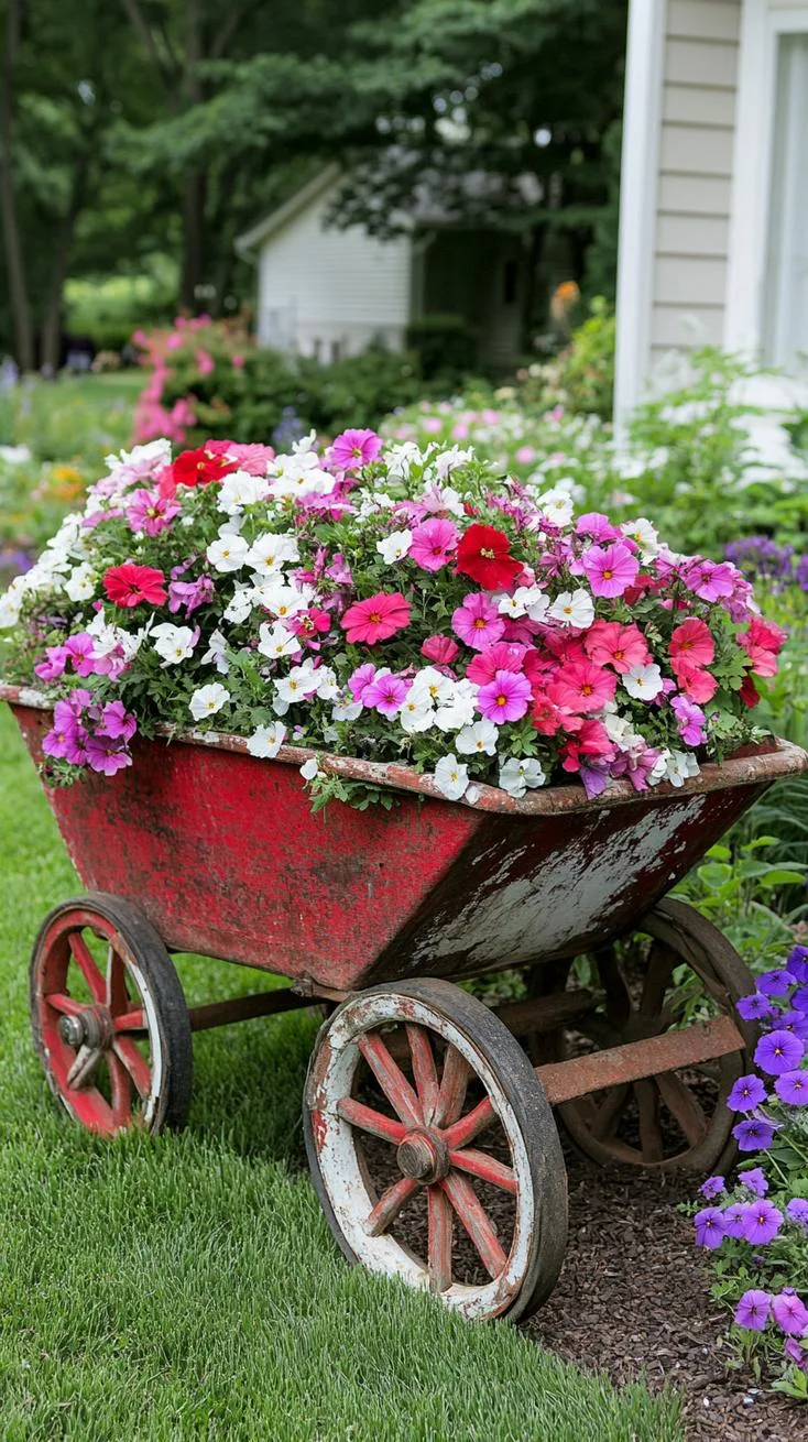 29 Vintage Garden Decor Ideas That Bring Rustic Charm Outdoors 67 16. Rusted wheelbarrow with romantic overflowing blooms-0