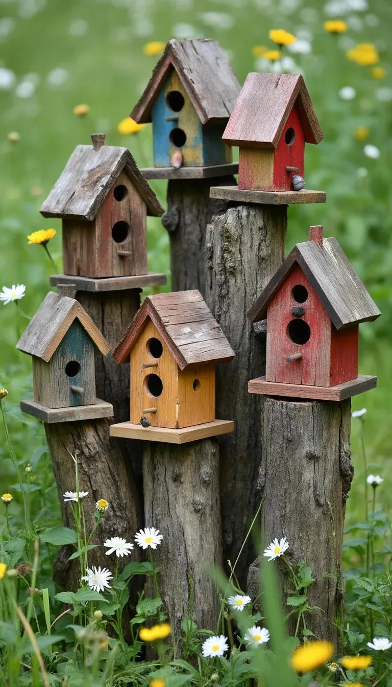 9. Rustic birdhouse village on old tree trunks-0