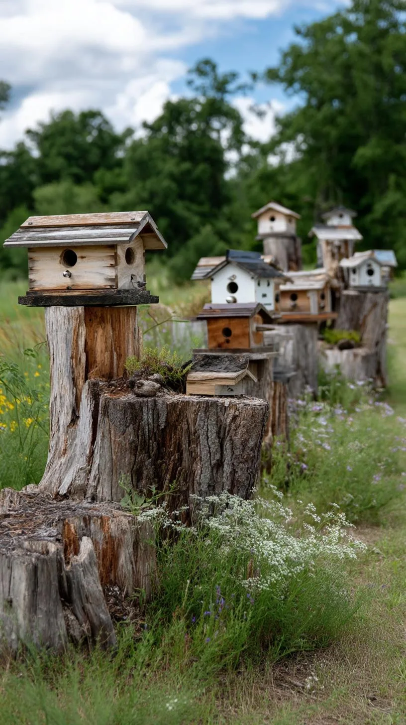 9. Rustic birdhouse village on old tree trunks-1