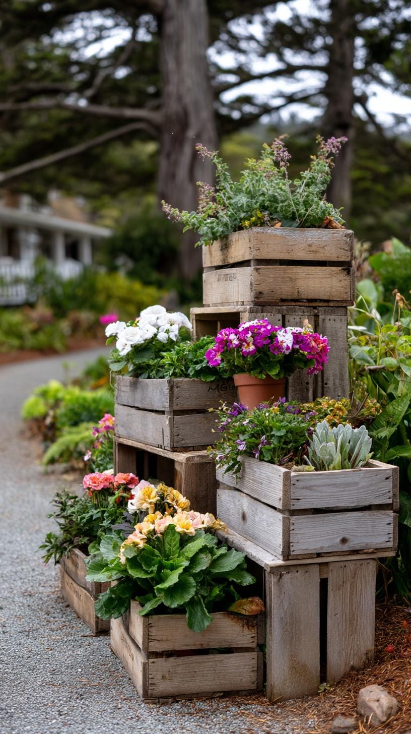 29 Vintage Garden Decor Ideas That Bring Rustic Charm Outdoors 86 21. Rustic crate tower filled with floral pots-0