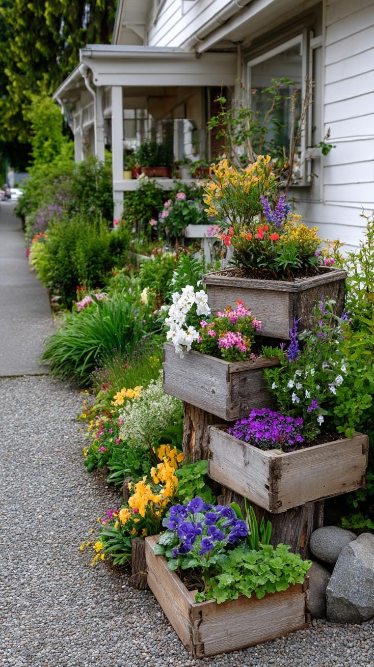 29 Vintage Garden Decor Ideas That Bring Rustic Charm Outdoors 89 21. Rustic crate tower filled with floral pots-1