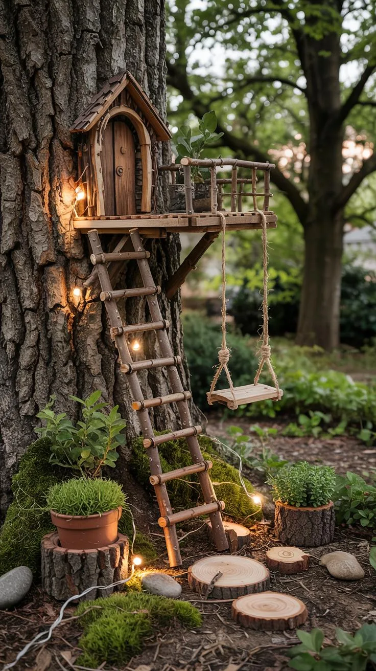 37. Rustic fairy tree ladder with tiny porch swing-0