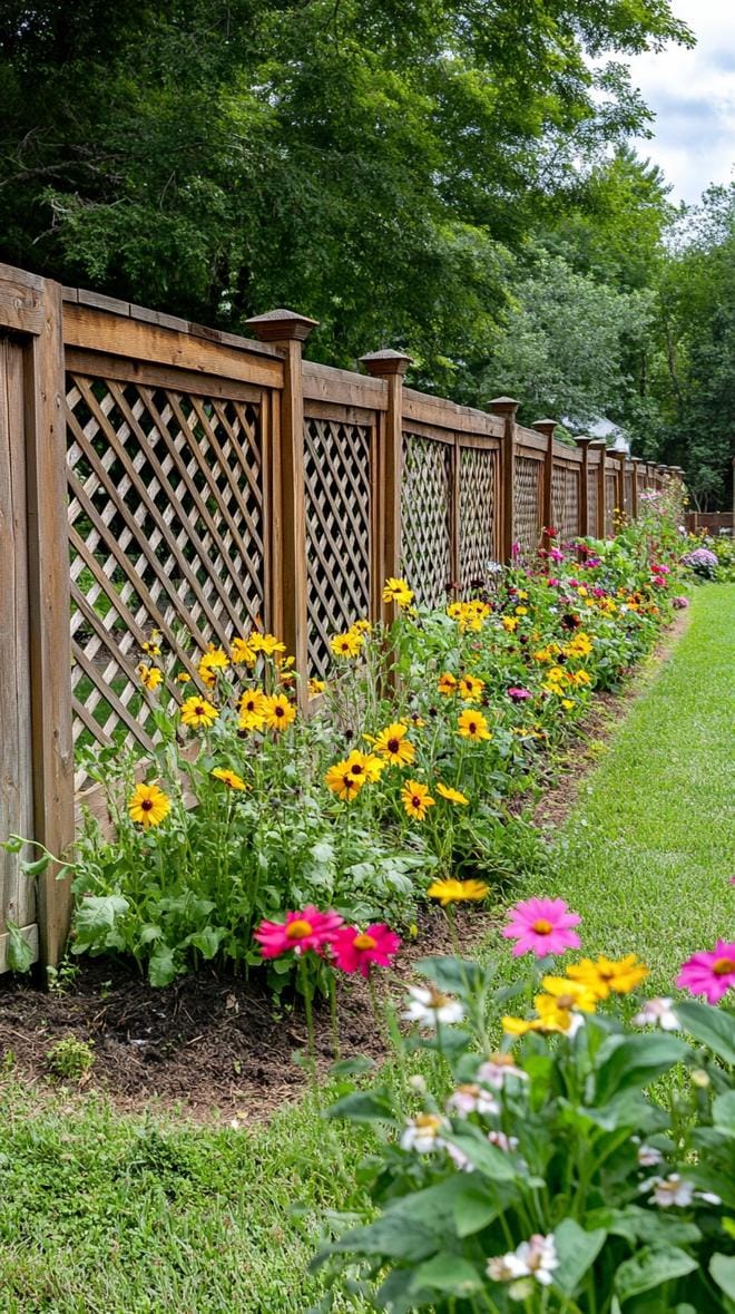 35 Unique Privacy Fence Ideas for a More Private Backyard 56 22. Rustic garden fence with lattice top section-0