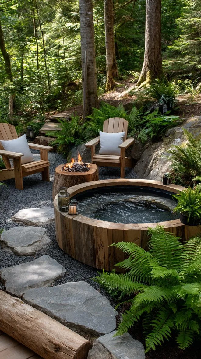31 Best Hot Tub Ideas for the Ultimate Backyard Escape 87 15. Rustic hot tub in a forest setting with fire pit-0