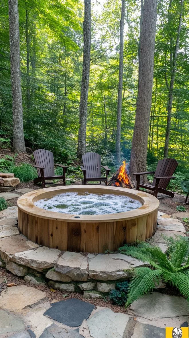 31 Best Hot Tub Ideas for the Ultimate Backyard Escape 88 15. Rustic hot tub in a forest setting with fire pit-1