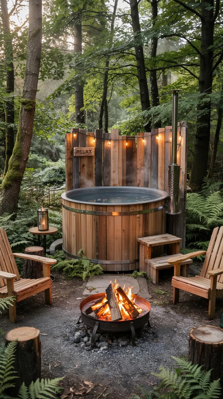 31 Best Hot Tub Ideas for the Ultimate Backyard Escape 89 15. Rustic hot tub in a forest setting with fire pit-2