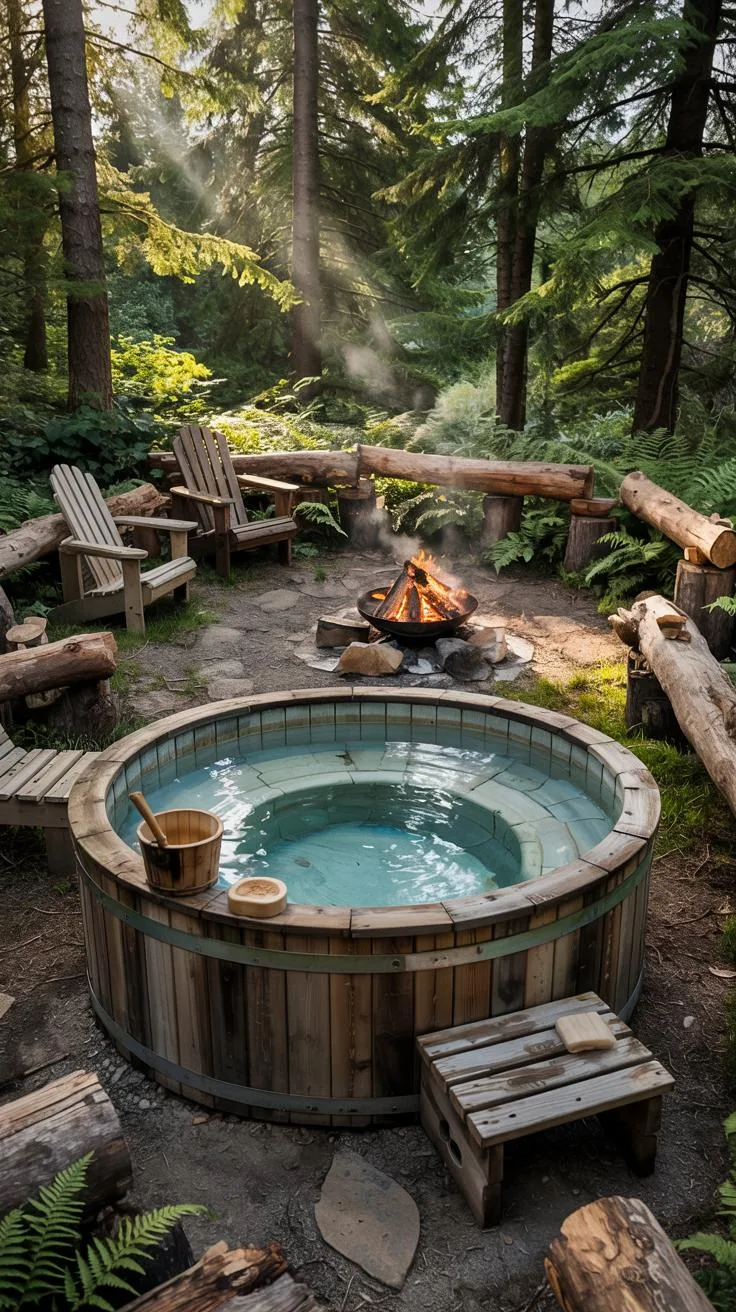 31 Best Hot Tub Ideas for the Ultimate Backyard Escape 92 15. Rustic hot tub in a forest setting with fire pit-3