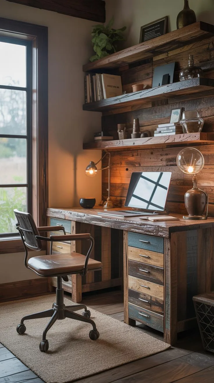 21. Rustic office with reclaimed wood desk and shelving-2