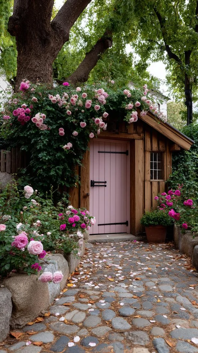 2. Rustic pink wooden door framed with roses-0