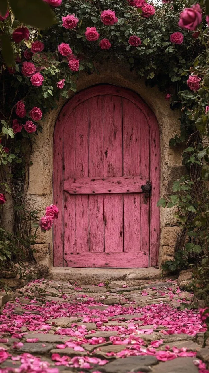 2. Rustic pink wooden door framed with roses-1