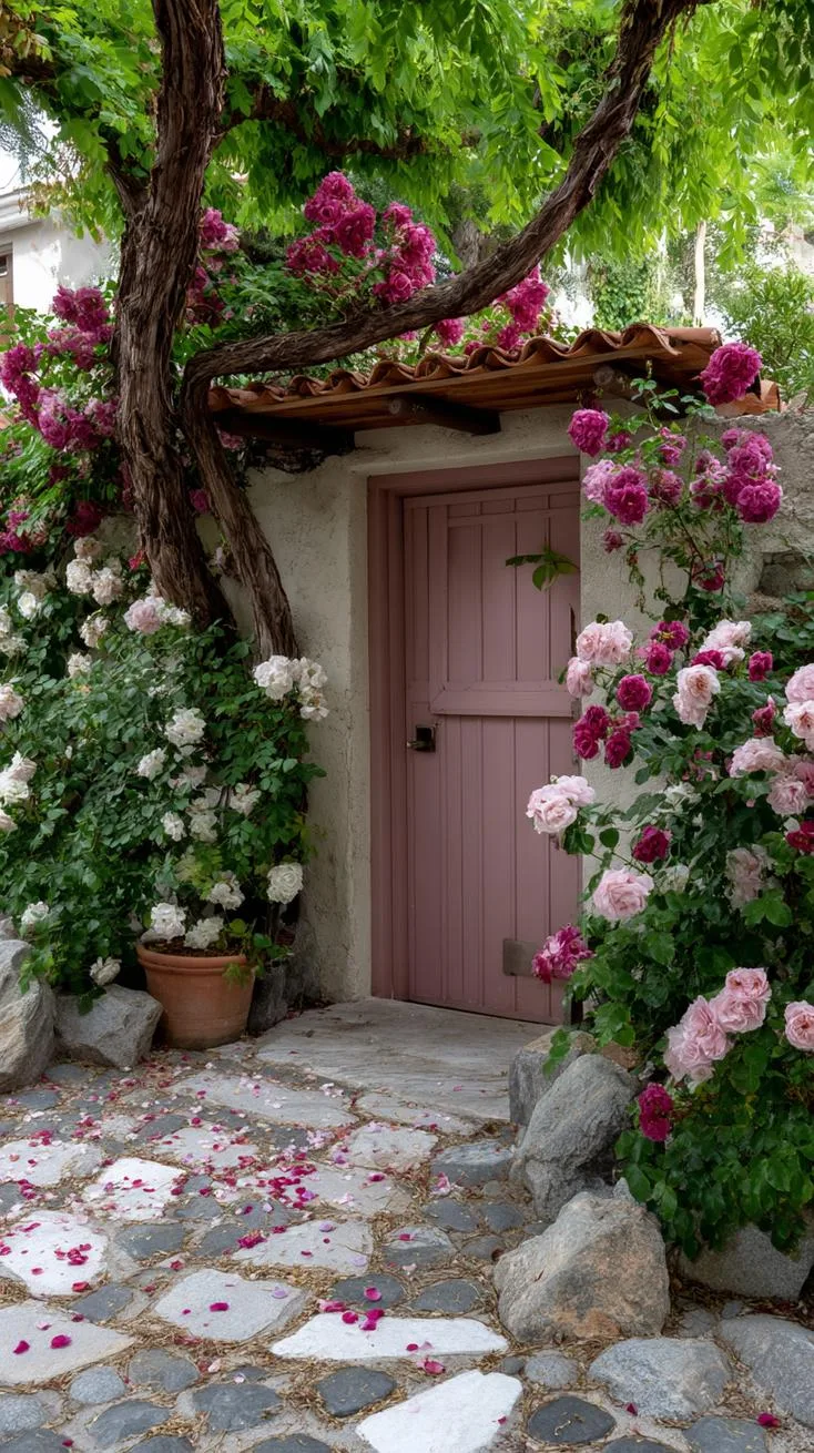 2. Rustic pink wooden door framed with roses-2
