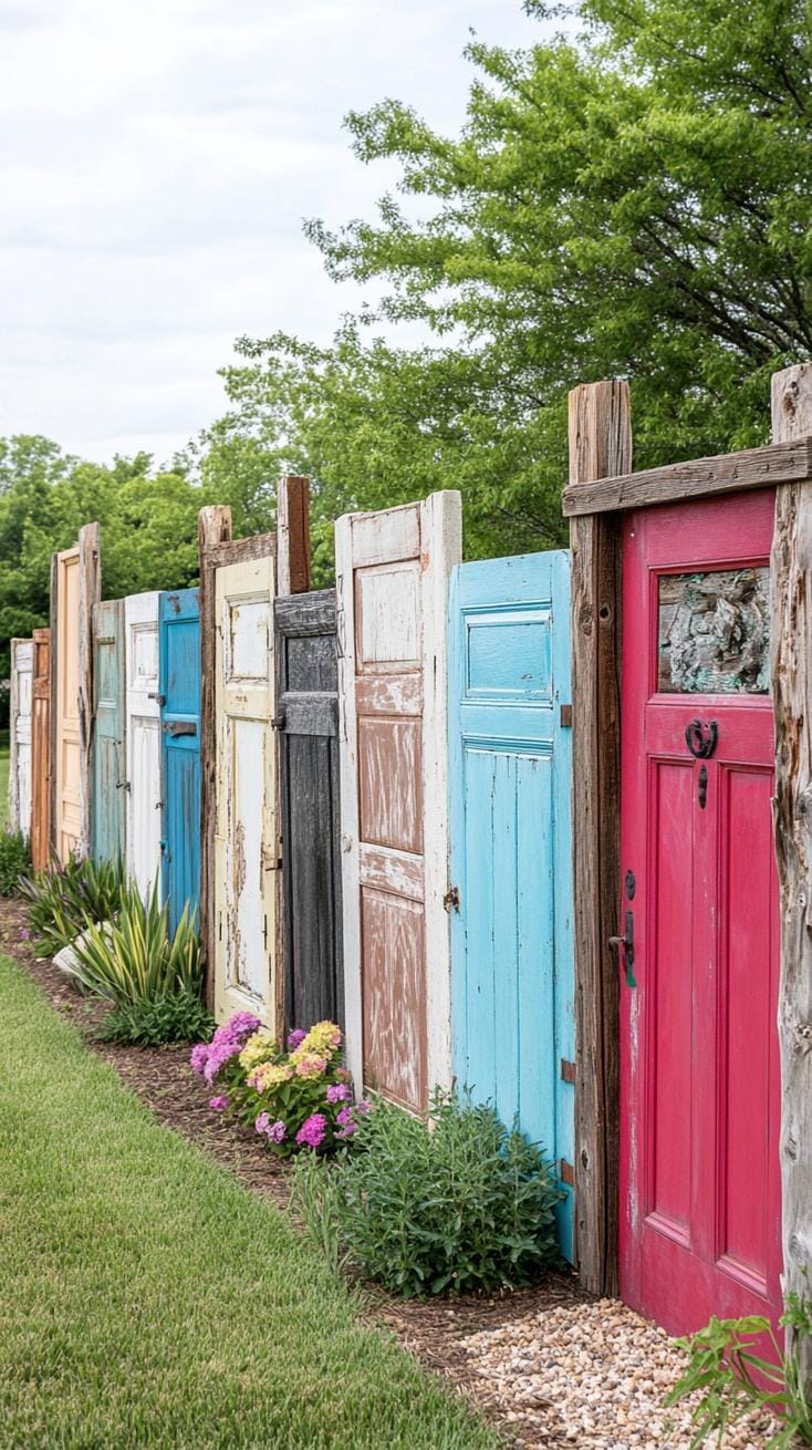 35 Unique Privacy Fence Ideas for a More Private Backyard 9 3. Rustic privacy fence using vintage repurposed doors-0