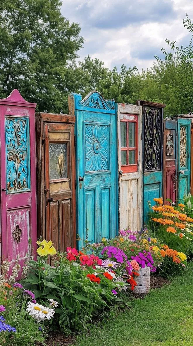 3. Rustic privacy fence using vintage repurposed doors-1