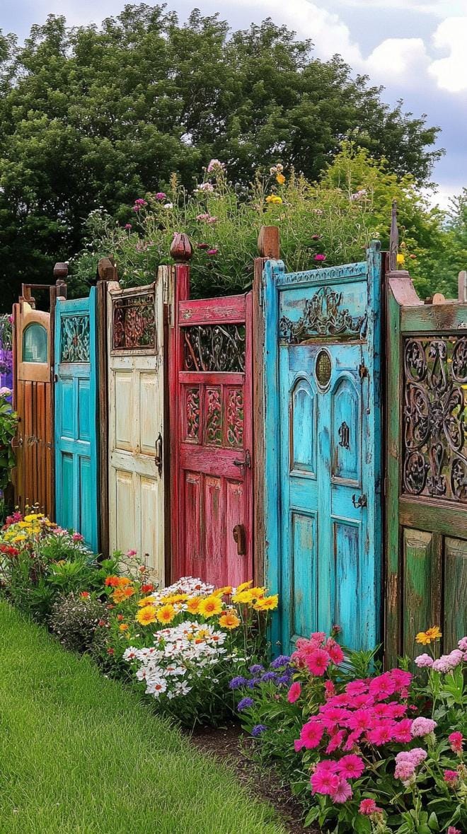 35 Unique Privacy Fence Ideas for a More Private Backyard 11 3. Rustic privacy fence using vintage repurposed doors-2