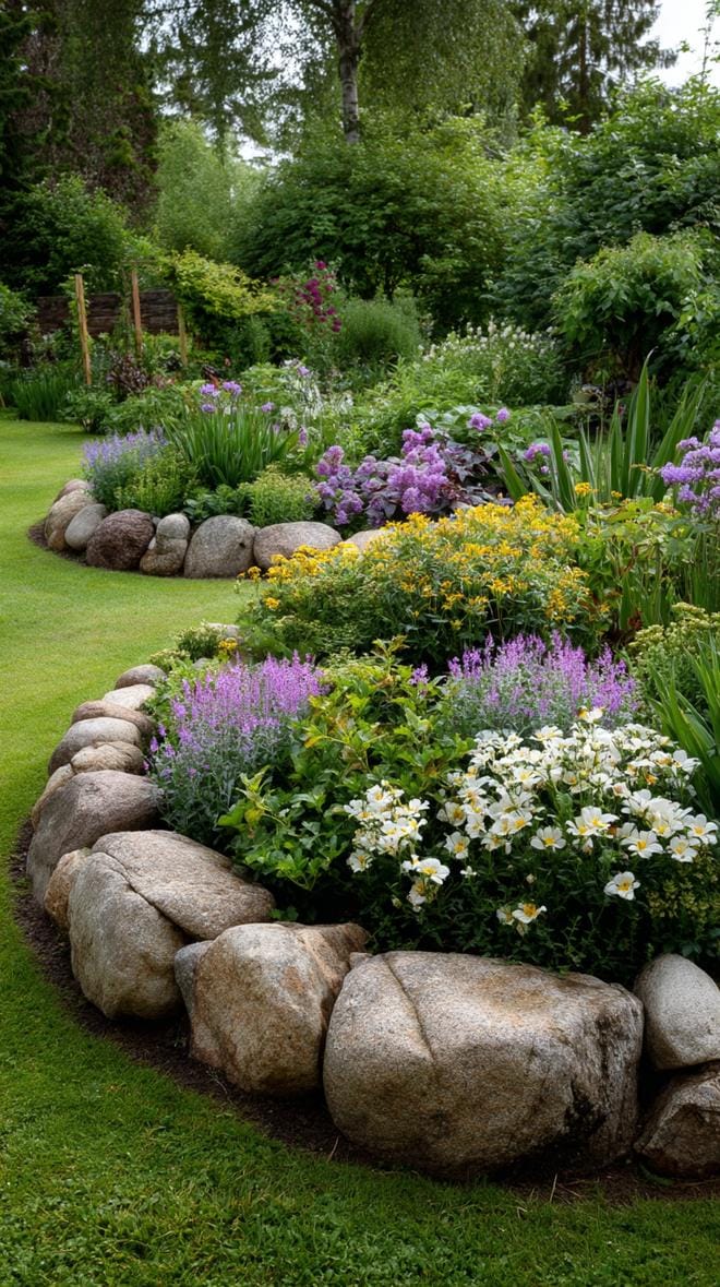 31 Rock Garden Ideas That Transform Any Outdoor Space 123 25. Rustic rock ring planter with vibrant flowers-1
