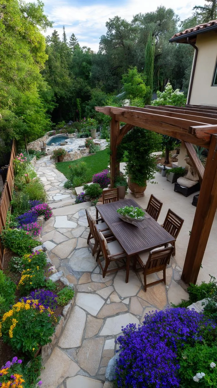 14. Rustic stone patio surrounded by colorful flower beds-0 14. Rustic stone patio surrounded by colorful flower beds-0