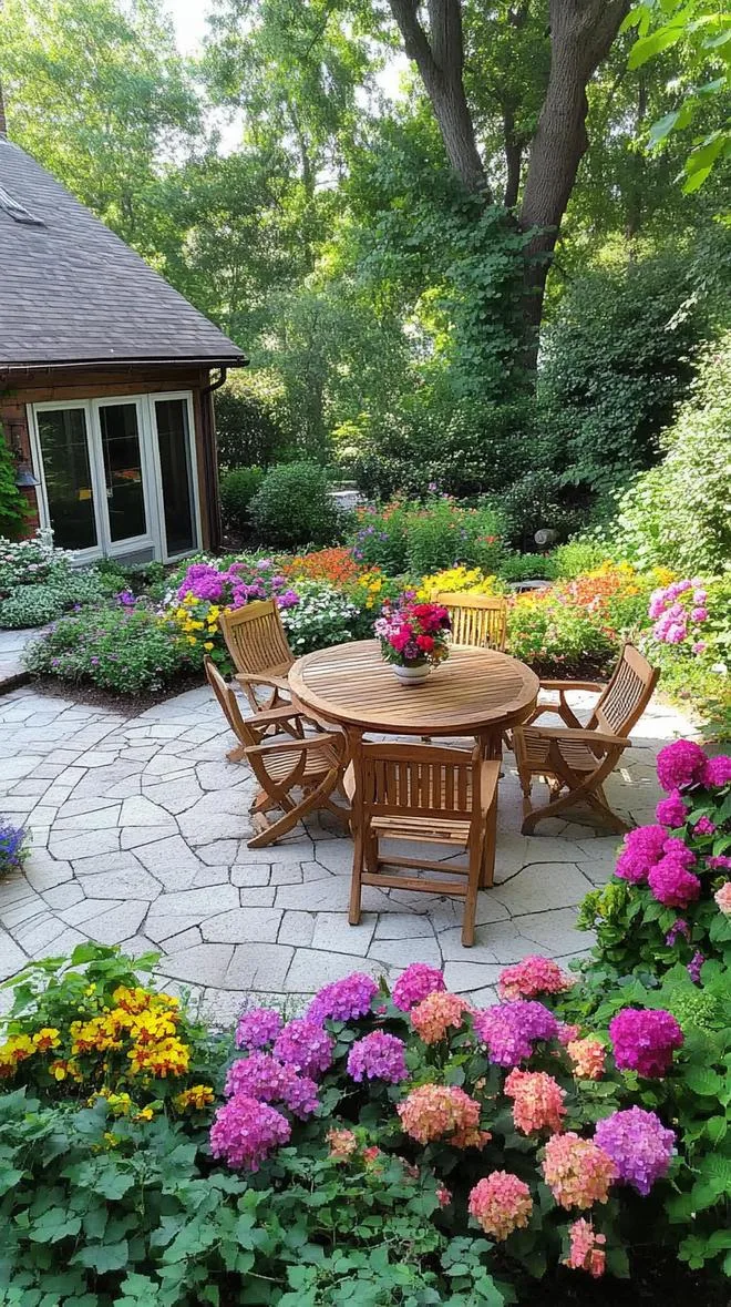 14. Rustic stone patio surrounded by colorful flower beds-1 14. Rustic stone patio surrounded by colorful flower beds-1