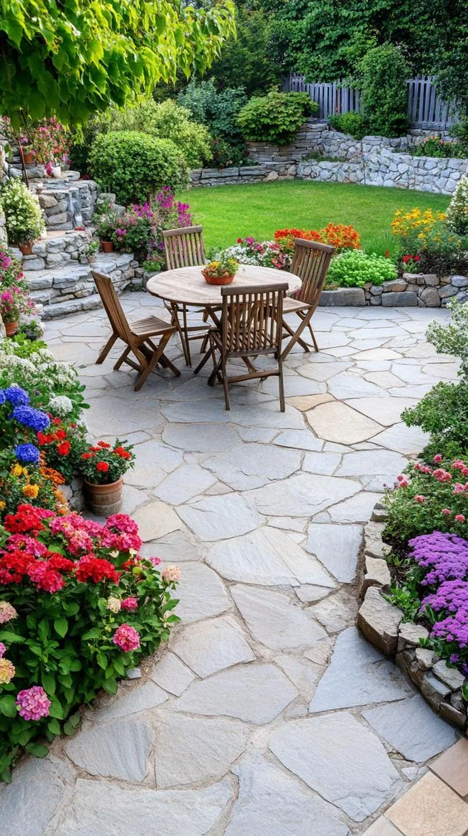 14. Rustic stone patio surrounded by colorful flower beds-2 14. Rustic stone patio surrounded by colorful flower beds-2