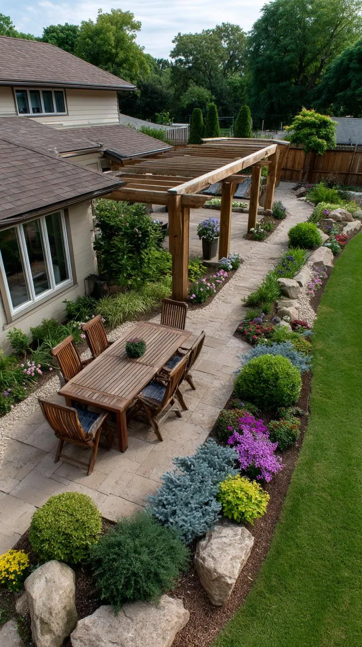 14. Rustic stone patio surrounded by colorful flower beds-3 14. Rustic stone patio surrounded by colorful flower beds-3