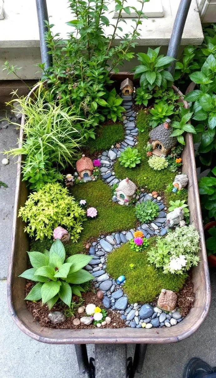 5. Rustic wheelbarrow converted into a fairy garden scene-2