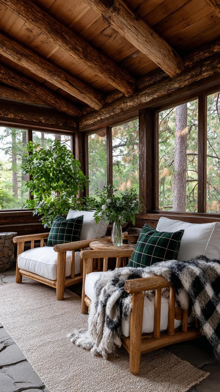 3. Rustic wood-paneled enclosed porch with forest view-0