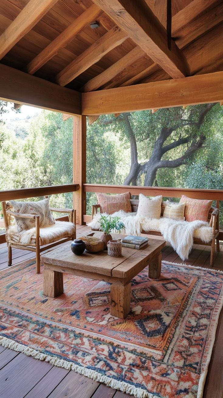 3. Rustic wood-paneled enclosed porch with forest view-1