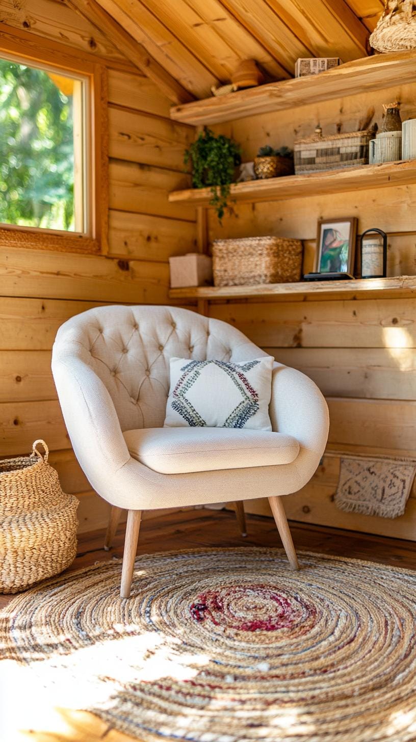 1. Rustic wood-paneled shed with vintage armchair and rug-1