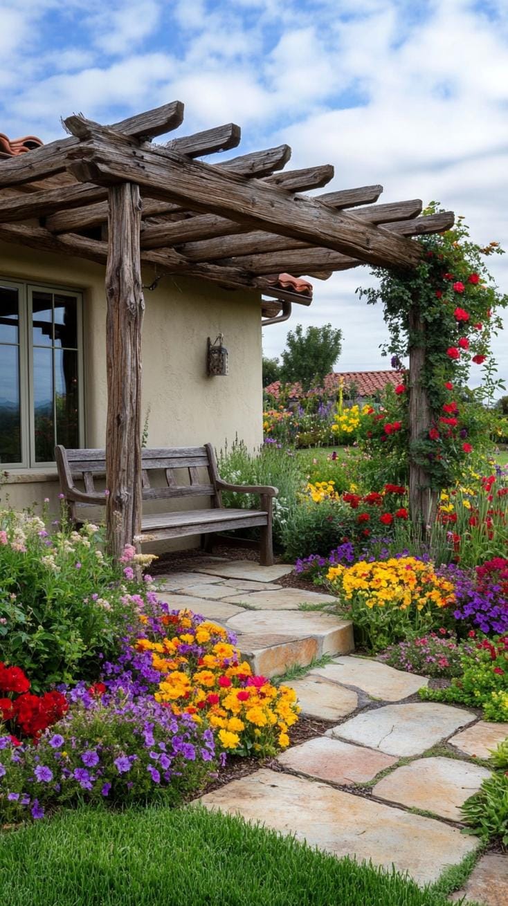 27 Charming Farmhouse Landscaping Ideas for a Beautiful Rustic Yard 16 5. Rustic wood pergola over colorful farmhouse garden-0