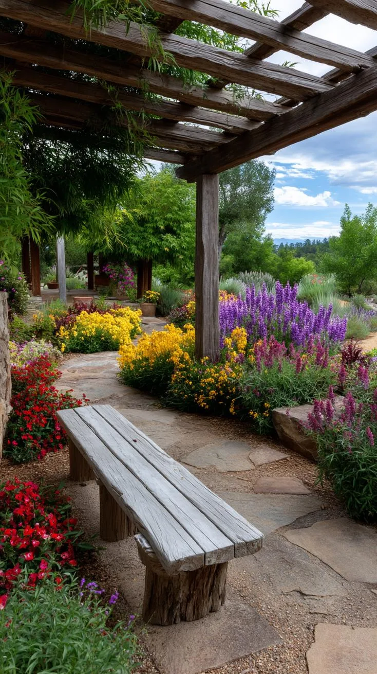 27 Charming Farmhouse Landscaping Ideas for a Beautiful Rustic Yard 16 5. Rustic wood pergola over colorful farmhouse garden-1