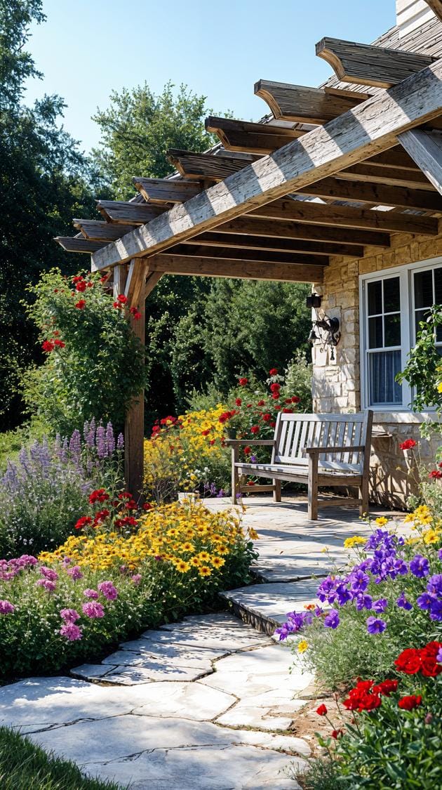 27 Charming Farmhouse Landscaping Ideas for a Beautiful Rustic Yard 18 5. Rustic wood pergola over colorful farmhouse garden-2