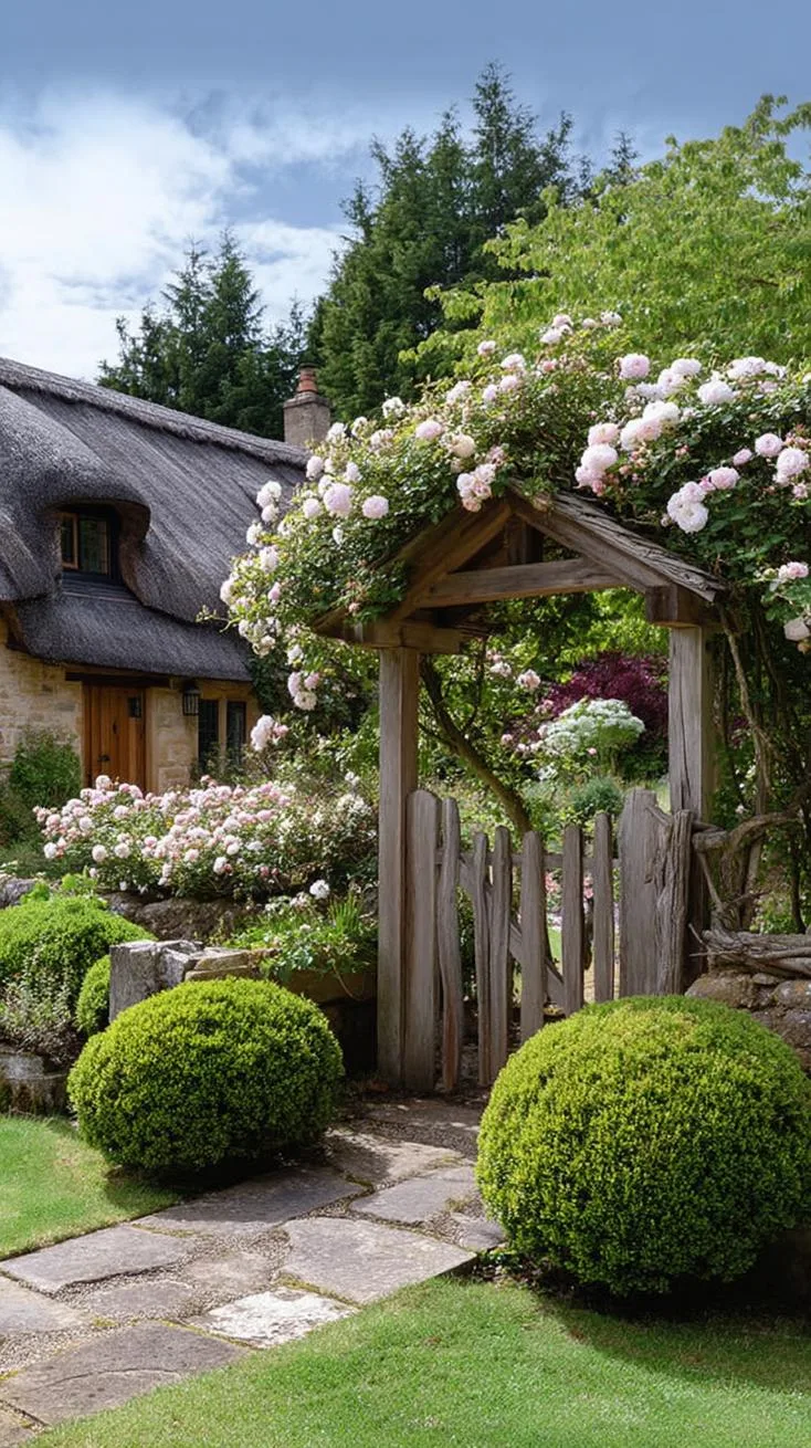 35 Dreamy Cottage Garden Ideas for Timeless Charm 6 2. Rustic wooden archways covered in climbing roses-1