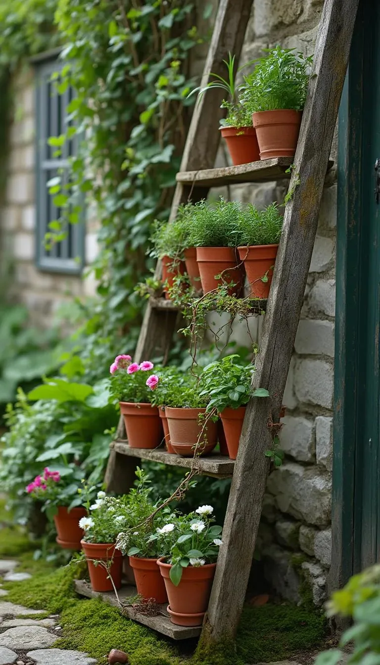 1. Rustic wooden ladder overflowing with clay pot plants-0