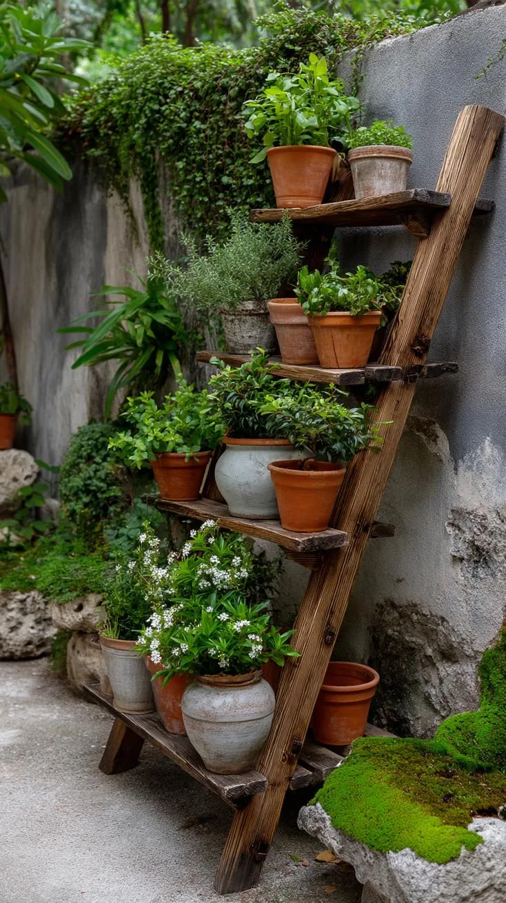 1. Rustic wooden ladder overflowing with clay pot plants-1