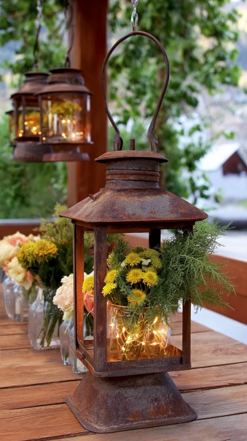 29 Vintage Garden Decor Ideas That Bring Rustic Charm Outdoors 34 8. Rusty lanterns used as floral centerpiece holders-1
