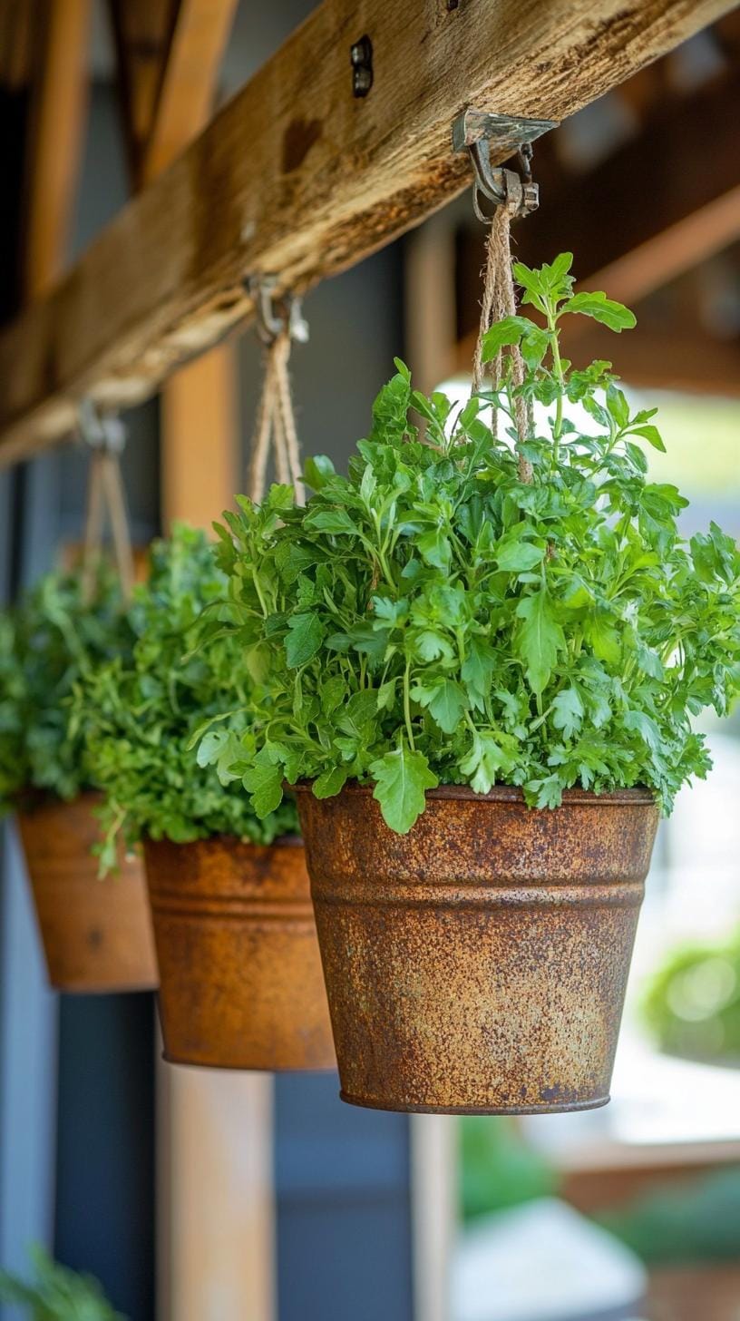 25 Rustic Farmhouse Garden Decor Ideas You Must See 21 10. Rusty metal buckets turned into hanging herb gardens-0